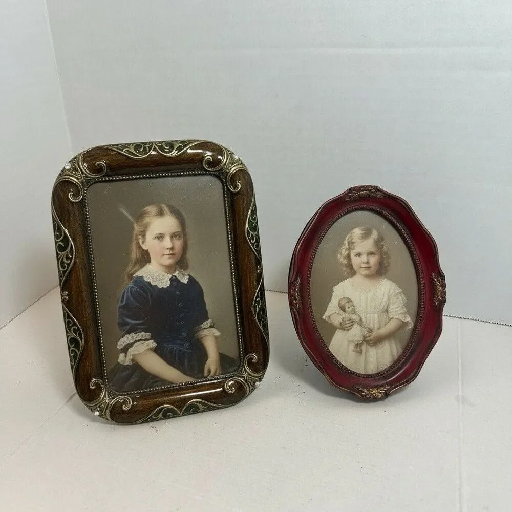 Vintage Ornate Metal & Wood Photo Frame Set Brown 4x6 & Red 3.5x5 Tabletop Decor